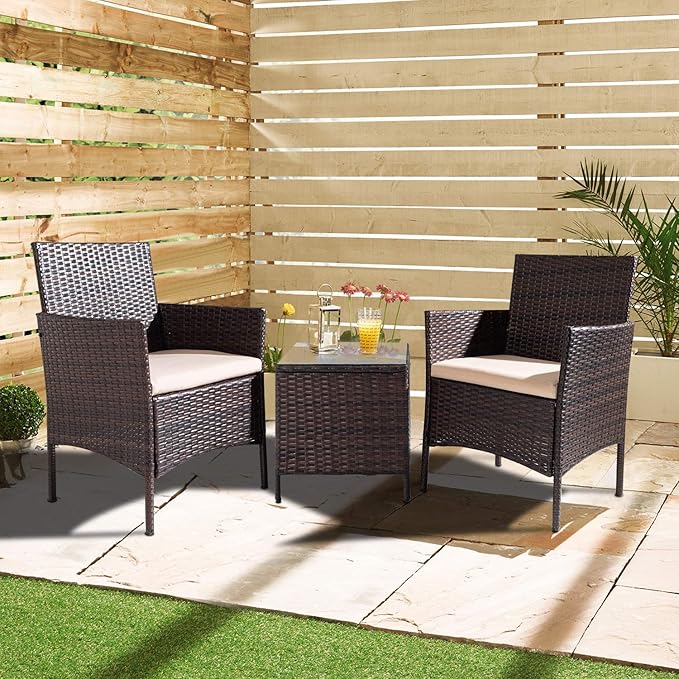 Tuoze Tozey 3 Pieces Patio Furniture PE Rattan Outdoor Conversation Set with Table Backyard Porch Garden Poolside Balcony (Brown),VC700A