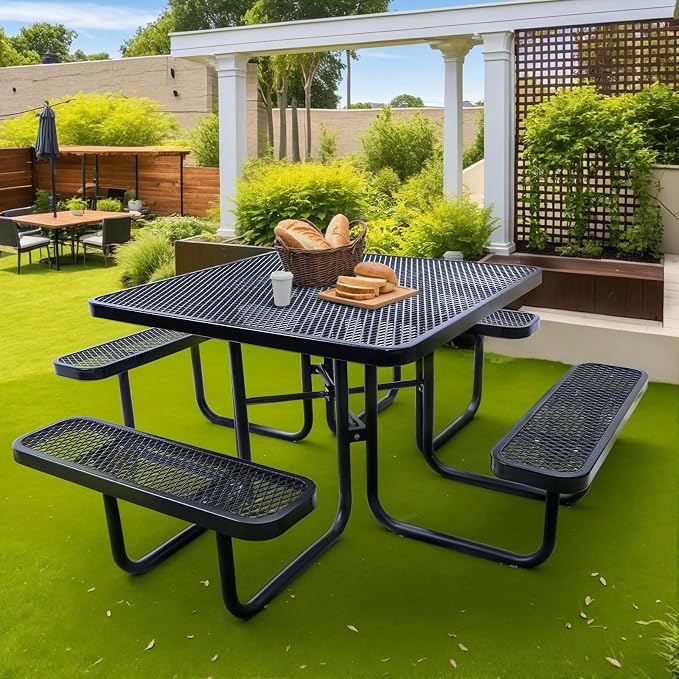 46IN Square Outdoor Picnic Table with Attached Seats, Heavy-Duty Metal Expanded Mesh Patio Table, 1600LBS Load Capacity Commercial-Grade Table for Park, Backyard, Deck, Black