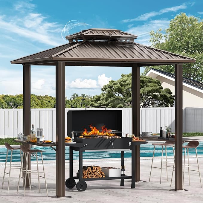Hoteel 6x8ft Hardtop Grill Gazebo, Outdoor Patio Aluminum Frame Barbecue Gazebo with Galvanized Steel Double Roof and 2 Side Shelves for Deck Lawn Backyard Garden and Party, Brown(2026 Version)
