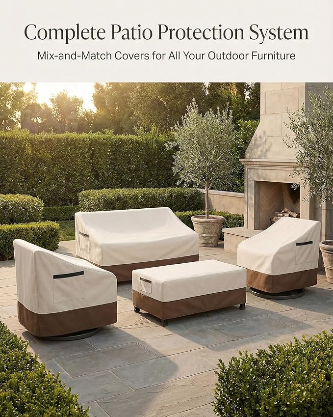 Waterproof Patio Coffee Table Cover, 600D Heavy Duty Outdoor Furniture Covers, Weather & UV Resistant, Windproof with Buckles, Rectangular Table Cover for Backyard Patio 36 x 24 x 16 in, Beige & Brown