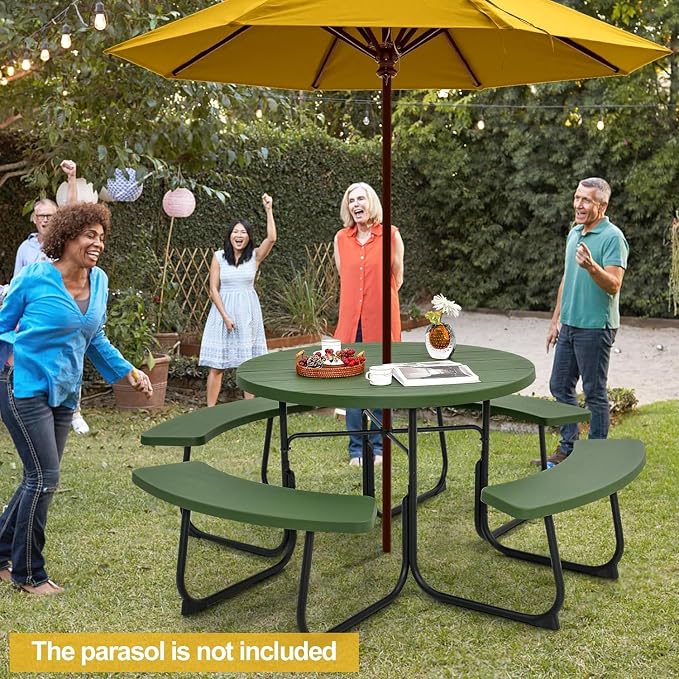 Round Picnic Table for Outdoors, 8 Person Outdoor Picnic Tables & Benches Set with Umbrella Hole, HDPE Tabletop & Metal Frame, 2000 LBS Capacity Table Bench Set for BBQ, Garden, Lawn, Patio