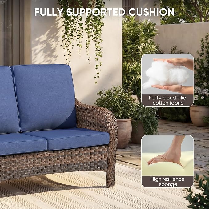 Patio Furniture Set - 5 Pieces All Weather Wicker Outdoor Couch Sofa 2 Swivel Chairs and 2 Ottomans, Ergonomic Design for Porch, Deck, Balcony, Garden, and Backyard(Blue)