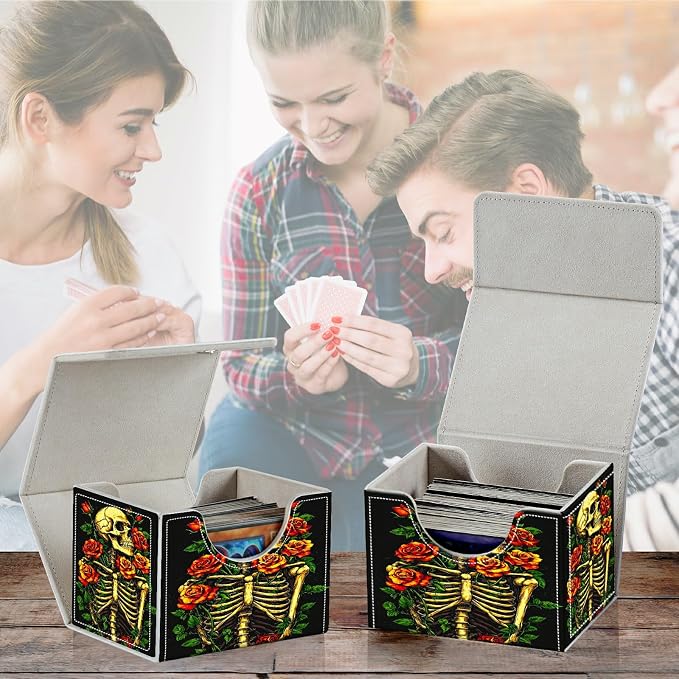 Card Deck Box for MTG, Cards Storage Box Fits 120+ Sleeved, Leather Small Size Strong Magnetic Closing Card Case for Board Games Magic TCG CCG Baseball Collection, Skull Red Rose