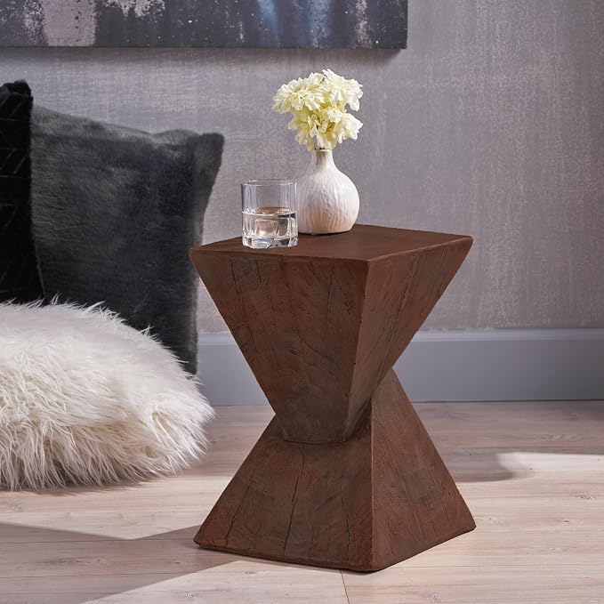 Christopher Knight Home Novi Outdoor Side Table, Geometric-Shaped Accent Side End Table, Garden Stool for Patio Balcony Beach Pool, Lightweight Concrete, Wood-Like Texture, Dark Brown