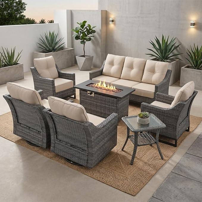 8-Piece Outdoor Patio Furniture Set, Grey Wicker Set with Sofa, 2 Swivel Chairs, 2 Chairs, 2 Ottomans and Side Table, 6-Inch Beige Cushions for Backyard