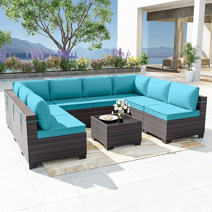 Patio Furniture Set 9pcs Outdoor Furniture for Backyard Sectional Sofa Set, Wicker Rattan Outdoor Conversation Set with 4 Inch Thickened Cushions and Coffee Table, Blue