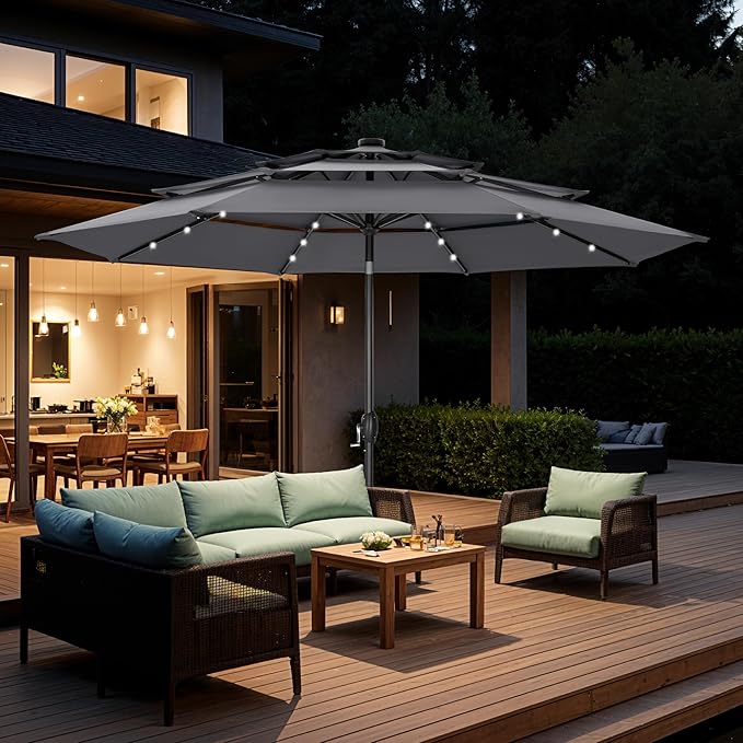 GREEN PARTY 10ft Patio Umbrella with Solar Lights, Auto-Tilt Lighted Market Table Umbrellas with Crank, 8 Sturdy Ribs & 1.5" Pole outdoor umbrellas for Patio Garden Deck Backyard Pool, Grey