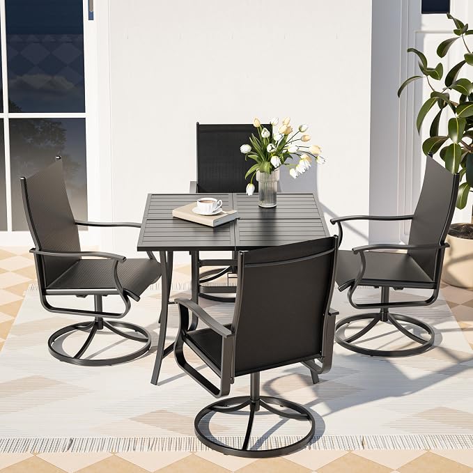 Amopatio 5 Pieces Patio Dining Set for 4, Outdoor Table and Chairs, 4 All Weather Swivel Patio Chairs, 36" Patio Spliced Square Table with Umbrella Hole, for Deck, Backyard, Poolside & Garden, Black