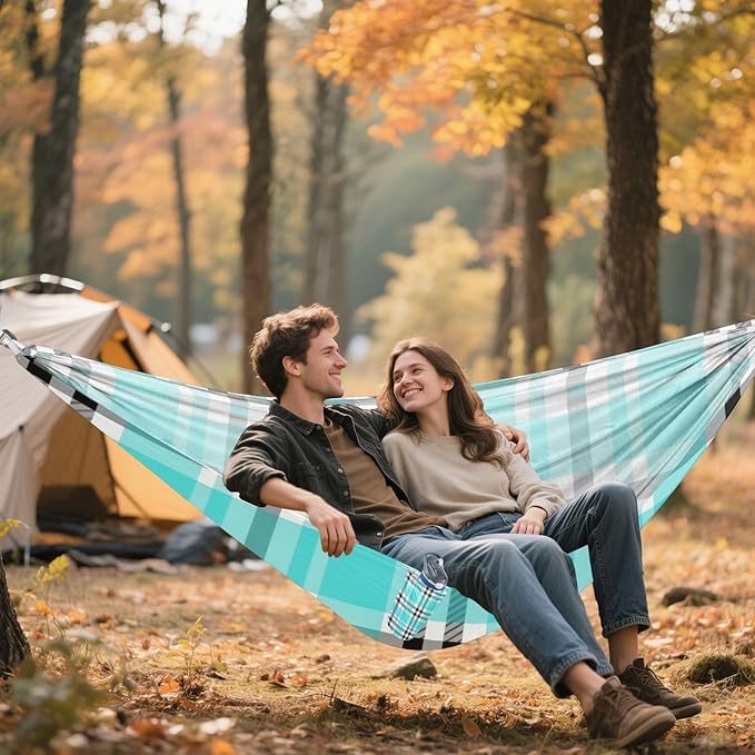 Black Whiteal Checkered Plaid 330lb Capacity Camping Hammocks with Tree Straps Hanging Hammock for Outside Patio Backyard Poolside hamaca de Algodon para Jardin