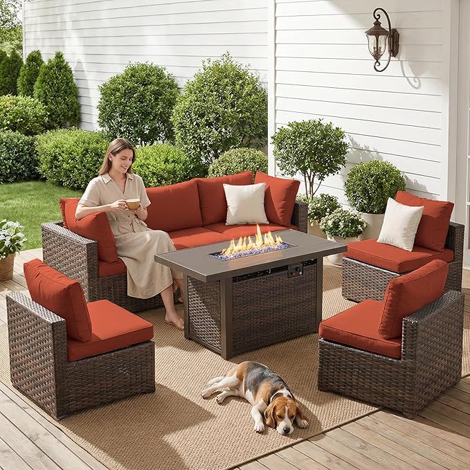 7-Pieces Patio Furniture Sets Outdoor Sectional Sofa with 44'' Propane Rattan Wicker Firepit Table, Patio Sectional Conversation Set with Cushions for Backyard, Poolside, Garden Red