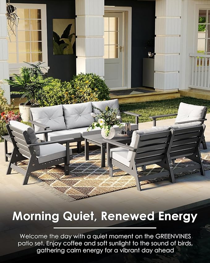 GREENVINES Outdoor-Couch | HDPE Plastic | Patio Sectional Conversation Set | All Weather Couches | Sofa with Detachable Armrests | for Porch Deck Lawn | Gray Frame Light Gray Cushion