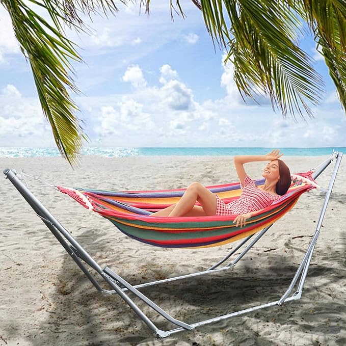Double Hammock with Stand for Outside Indoor Hammock with Space Saving Metal Stand and Carrying Bag, Easy Assembly, 440lbs, Dual-bar Design Red