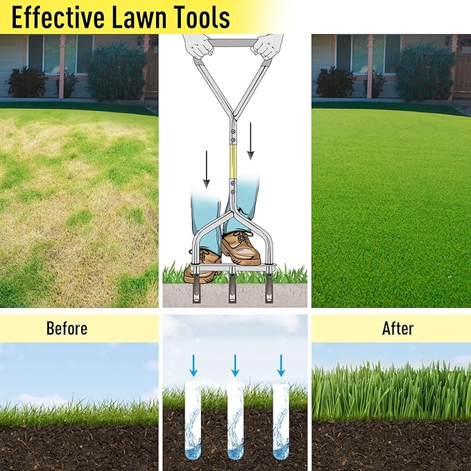 Jardineer Manual Core Aerator Lawn Tool - 5 Inch Deep Soil Plug Aerator for Compacted Soil, Upgraded Triangular Handle Lawn Aeration Tool with Non-Clogging Hollow Tines for Greener Grass & Garden Care