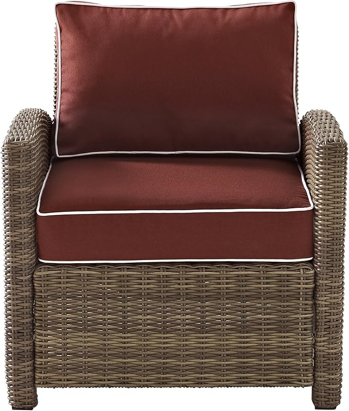 Crosley Furniture Bradenton 5-Piece Outdoor Loveseat Patio Furniture Set, Wicker Conversation Sets for Porch, Brown with Sangria Cushions