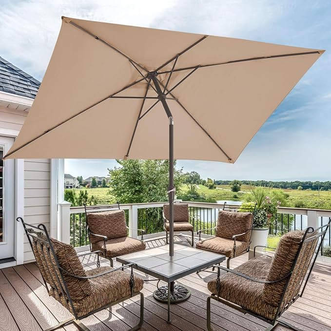 JEAREY 6.5x10 ft Rectangular Patio Umbrellas Outdoor Market Umbrella with Push Button Tilt and Crank, Rectangle Table Umbrellas 6 Sturdy Ribs UV Protection for Pool Garden Backyard Deck, Tan