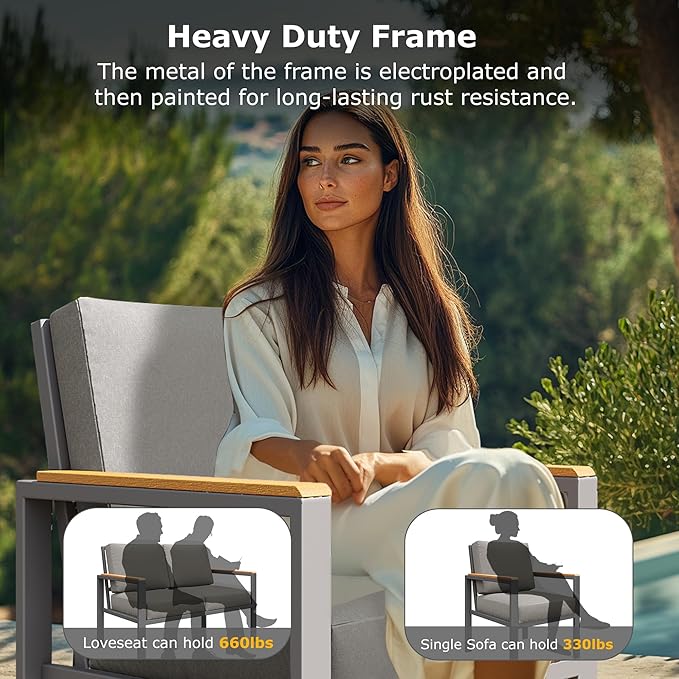 5-Piece Patio Furniture Set with 28” Propane Fire Pit Table, Heavy-Duty Metal Outdoor Conversation Set with Deep Cushions & Wood-Like Armrests for Patio, Porch, Backyard, Garden – Grey