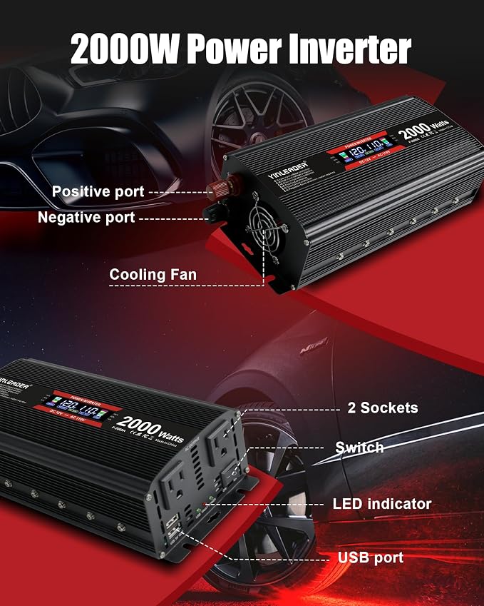2000 watt Inverter 12V to 110V/120V, dc to ac Inverter 2000W with Intelligent LCD Display Dual AC Outlets Dual USB Charging Port for RV Truck Laptop (Black)