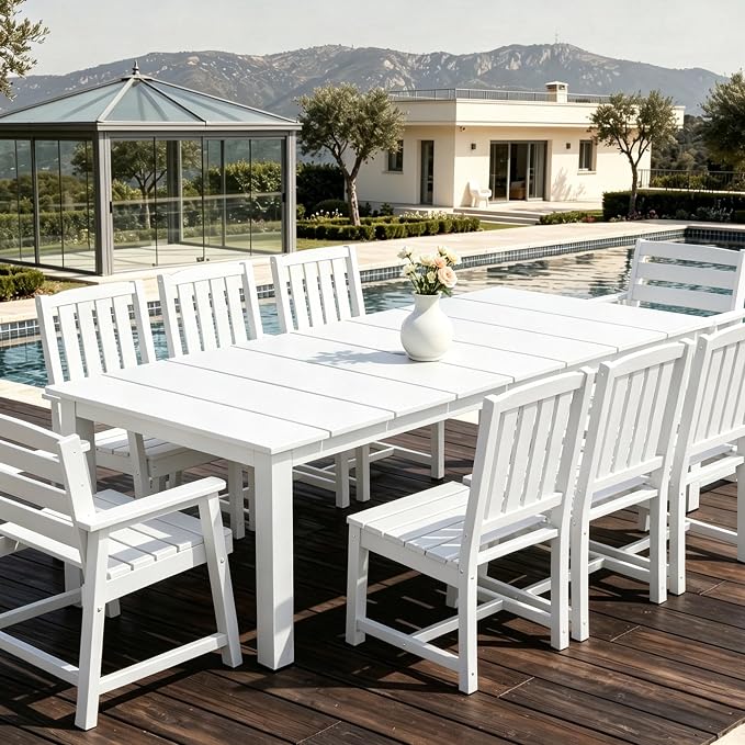 AreShark Outdoor Dining Table,All Weather Rectangular Patio Table for 6,Heavy-Duty HDPE Table with Umbrella Hole and Aluminum Frame,Weatherproof Outdoor Furniture for Backyard, Garden,White