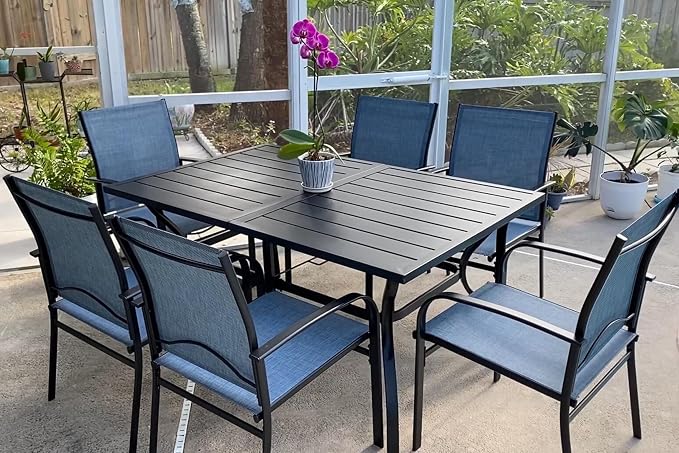 MIXPATIO Outdoor Table and Chairs, Patio Dining Sets for 6 with Blue Chairs and Metal Rectangular Table for Deck Backyard Lawn Poolside