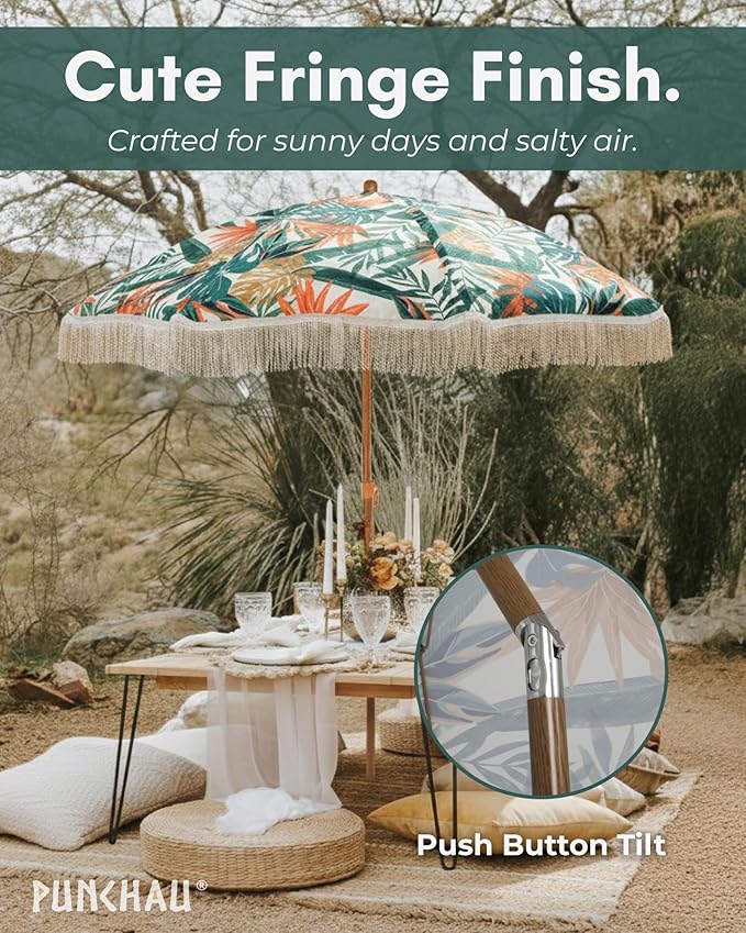 6 Ft Fringe Patio Umbrella - Outdoor Umbrella for Patio, Pool, Table, Garden, Deck, Beach, and Outdoors - Fashionable Boho Vintage Tassels & Wood Print - Push Button Tilt Pole