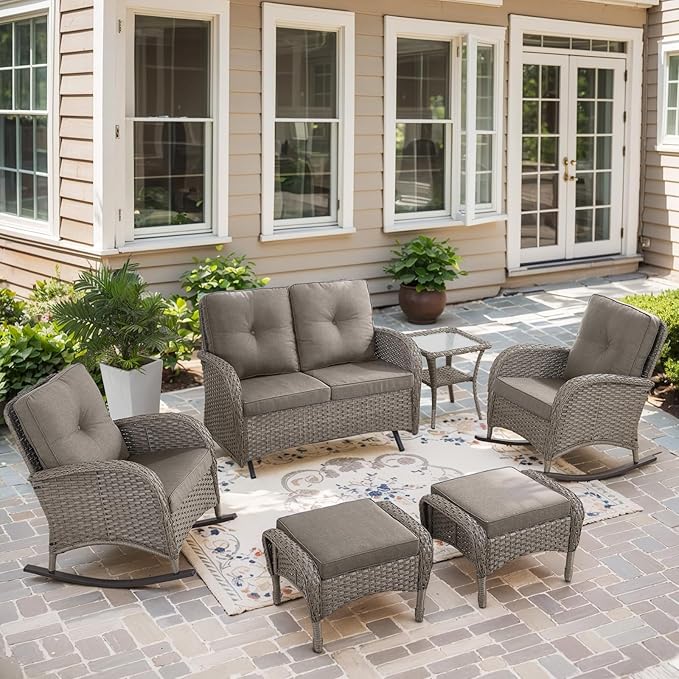 Belord 6 Pieces Wicker Patio Furniture Set with Patio Rocking Chairs, High Back Patio Conversation Set Outdoor Loveseat Glider with Ottoman and Rattan Side Table for Sunroom Deck Backyard
