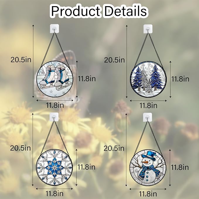 DASTOLL Stained Glass Window Hanging 4 Pcs Set White Winter Christmas Snow Scene Large 11.8" - Suncatcher Door Garden Sun Catcher Decor Birthday for Mom Woman Nana Men Friend Wife