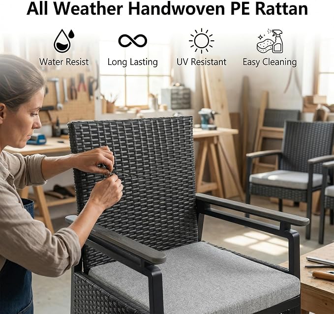 7 Piece Patio Dining Set, Outdoor Dining Table Set for 6, Aluminum Outdoor Dining Sets with Removable Cushions, Space Saving Rectangular Dining Table and Patio Chairs for Balcony/Deck, Black