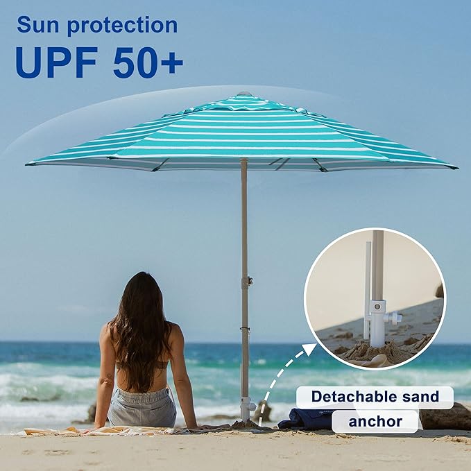 AMMSUN 8ft Large Beach Umbrellas for Sand Heavy Huty Wind Portable Commercial Grade Patio Beach Umbrella with Sand Anchor Adjustable Height Air Vent UPF 50+ Telescoping Pole without Tilt Teal White