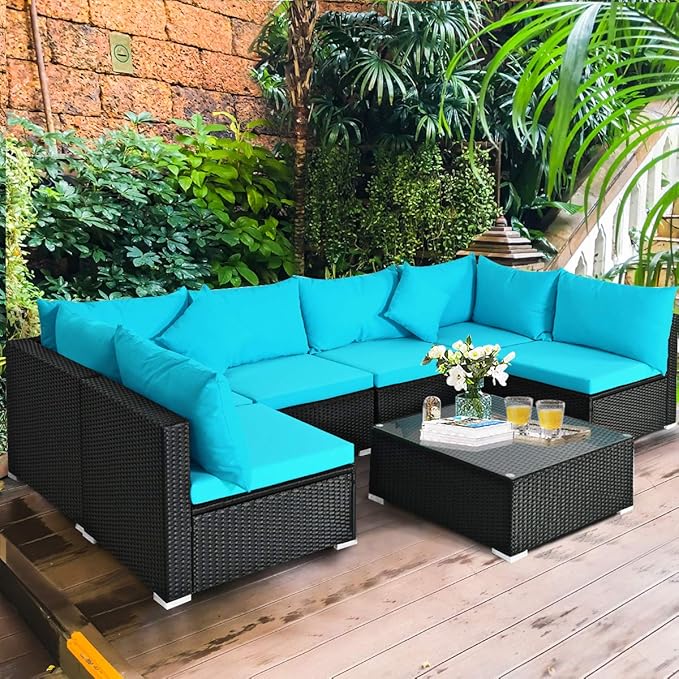 COSTWAY 7 Pieces Patio Furniture Set, Outdoor Rattan Conversation Set with 6 Seats, Coffee Tea Table, Soft Cushions, Wicker Patio Sectional Sofa for Garden Balcony Porch Poolside, Turquoise