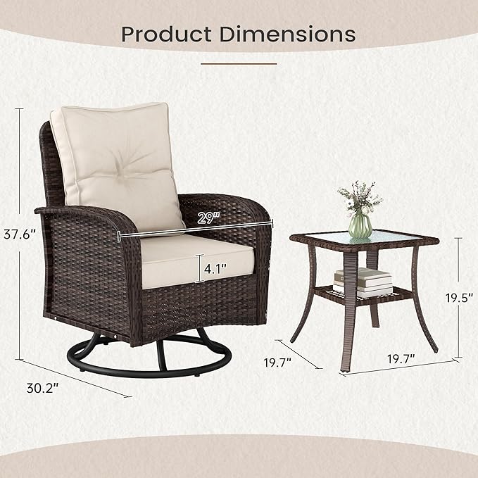 Kromax Outdoor Patio Furniture Set, All-Weather Wicker Swivel Glider Chairs Set of 2 with Coffee Table Table & Thick Machine Washable Cushions for Backyard, Garden, Porch, Brown/Beige