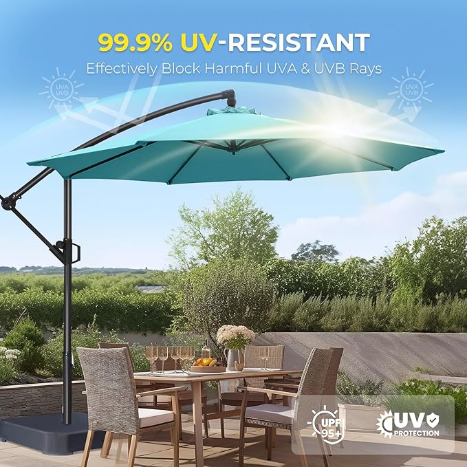 HOMSHADE 10ft Offset Patio Umbrella with Base Included, Cantilever Offset Hanging Patio Outdoor Market Umbrella UPF50+ UV Protection with Easy Tilt and Crank for Pool Deck and Garden(Light Blue)