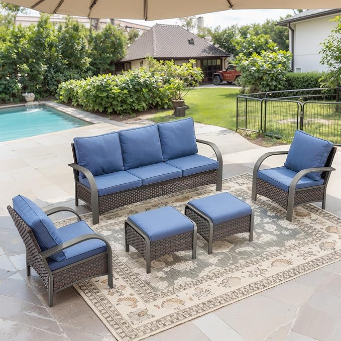 Belord 5 Piece Outdoor Wicker Furniture Set, High Back Deep Seating Patio Sofa Set with Metal Armrests Rattan Chairs, and Ottomans for Porch Deck Sunroom Backyard