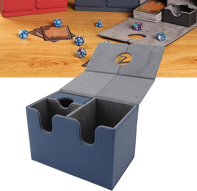 EVGATSAUTO PU Leather Card Deck Box with Detachable Dice Tray, Storage Case Holds 200+ Collectible Cards for CCG Gaming Accessories (Dark Blue)