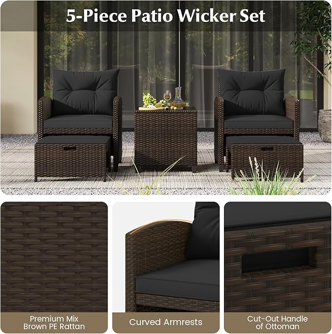 COSTWAY 5-Piece Rattan Conversation Set, Outdoor Sofa, Tempered Glass Coffee Table & Ottomans for Small Space, Boho Chic Indoor/Outdoor Furniture for Patio, Living Room & Apartment (Black)