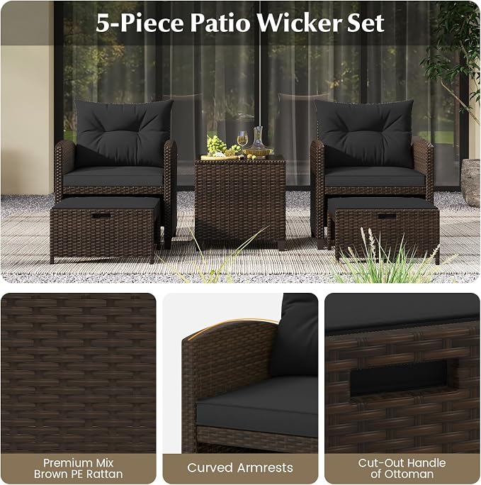 Tangkula 5 Pieces Patio Conversation Set, PE Wicker Rattan Outdoor Furniture Set with 2 Chairs, 2 Ottomans & Tempered Glass Coffee Table, Ideal for Poolside, Backyard, Lawn, Deck, Mix Brown & Black