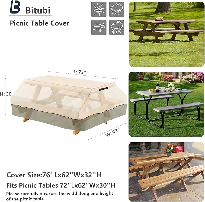 Bitubi 70 / 72 Inch Heavy Duty Waterproof Picnic Table Cover - 600D Tough Canvas Wind Dust Proof Anti-UV Outdoor Patio Table Bench Covers Winter