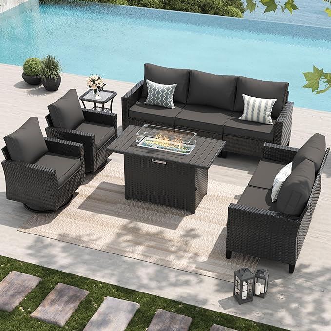 Amopatio Patio Furniture Set, 6-Piece Wicker Outdoor Sectional Sofa with Swivel Rocker Chairs, Rattan Conversation Set with Fire Pit Table and Waterproof Cover for Backyard Black/Dark Grey