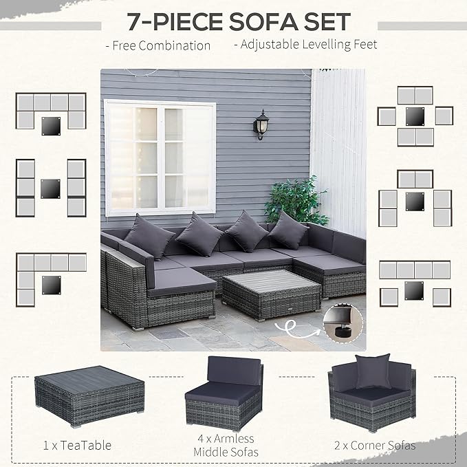 Outsunny 7-Piece Patio Furniture Sets PE Rattan Sectional Sofa Set Outdoor Conversation Set w/Acacia Top Coffee Table & Cushion for Garden, Backyard, Grey