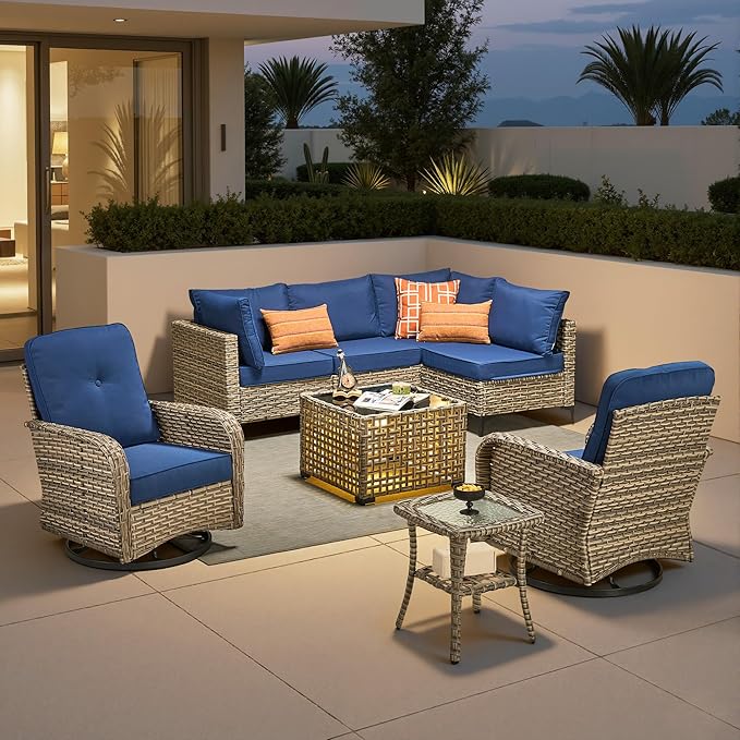 8 Pieces Outdoor Sectional Patio Furniture Set with Swivel Rocking Chairs,Conversation Sets Rattan Wicker L Shaped Couch,Modular Outdoor Sofa for Porch Balcony Backyard Navy Blue