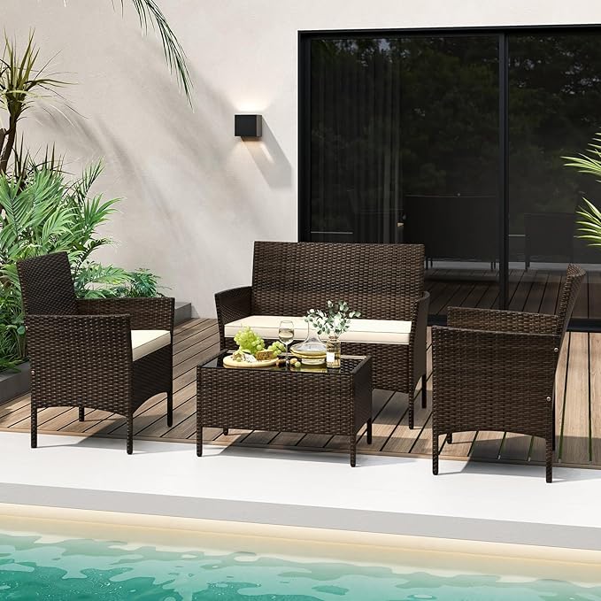 Tangkula 4 Piece Patio Rattan Conversation Set, Outdoor Wicker Furniture Set with Chair, Loveseat & Tempered Glass Table, Cozy Seat Cushions, Outside Sectional Sofa Set for Backyard, Porch (1, Beige)