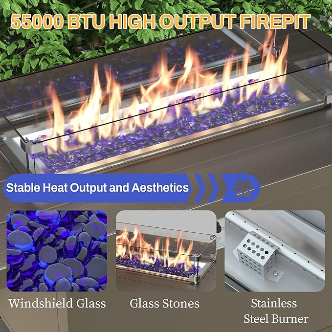 Aluminum Patio Furniture Set with Propane Fire Pit Table,7 Seats Metal Modern Outdoor Furniture w/5.1" Cushions,Patio Sectional w/Swivel Chairs for Patio,Backyard,NavyBlue