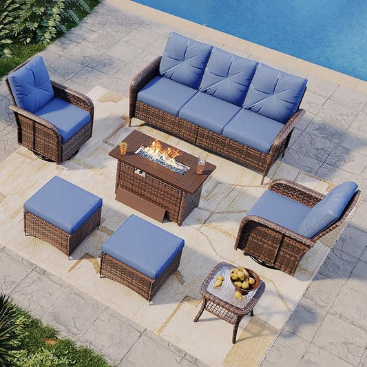 Aoxun 7-Piece Patio Furniture Set with 44” Fire Pit Table, Wicker Rattan Outdoor Sectional Sofa with High Back Swivel Rocker Chairs, Outdoor Patio Furniture Set with Thick Cushions & Ottoman, Blue