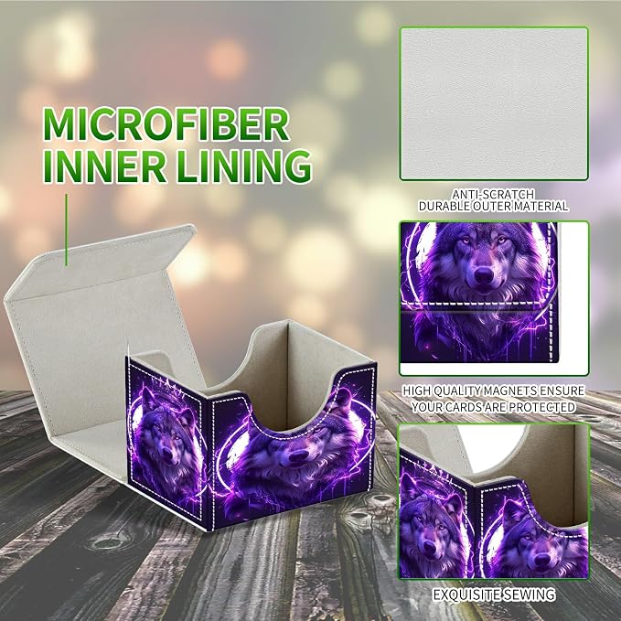 Card Deck Box for MTG, Cards Storage Box Fits 120+ Sleeved, Leather Small Size Strong Magnetic Closing Card Case for Board Games Magic TCG CCG Baseball Collection, Cool Wolf Purple