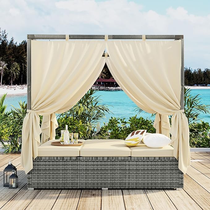 KEVINSPACE Outdoor Daybed with Curtain Canopy Bed Patio Furniture Adjustable Sunbed Set All-Weather Rattan Sun Lounger Patio Wicker Sofa Set Patio Conversation Set Curtains for Garden Yard Beige
