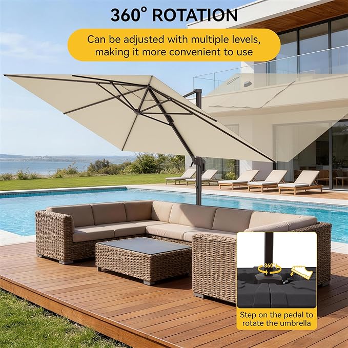 9x12 FT Cantilever Patio Umbrella, Large Rectangular Offset Outdoor Umbrella with 360° Rotation, Heavy Duty Shade Umbrella for Garden Backyard Deck Poolside Courtyard, Beige