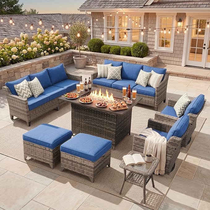 Belord Patio Wicker Swivel Rocker Patio Chairs with 3-Seater Sofa and 42.5" Fire Pit Table, Outdoor Furniture Set for Deck Porch Poolside, 8 Piece Patio Conversation Furniture Set,Blue