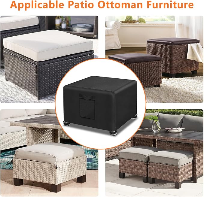 Kovshuiwe 2Pcs-25"L x 25"W x 17"H Outdoor Patio Ottoman Cover, Waterproof Patio Ottoman Cover, Heavy Duty，with Padded Handles,Black
