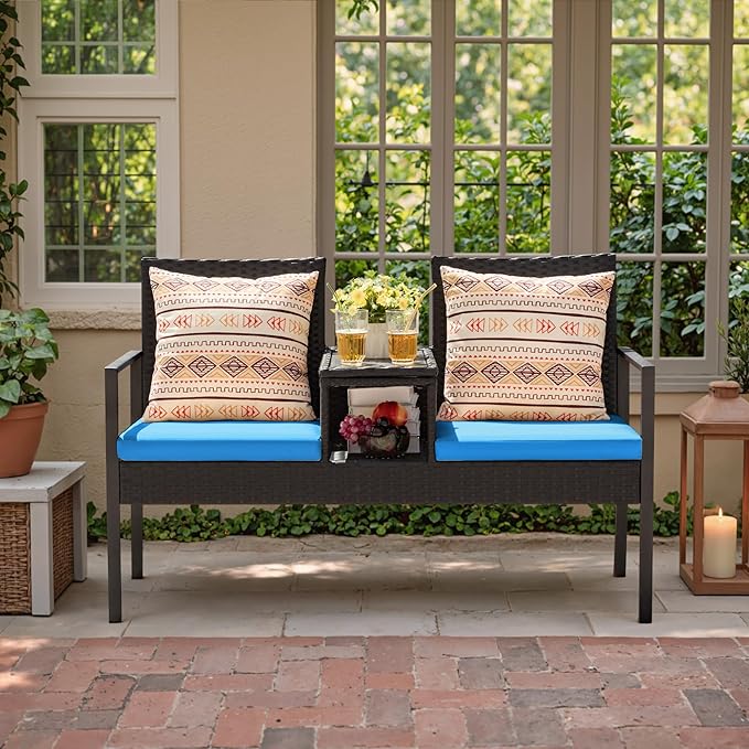 Greesum Patio Conversation Set Outdoor Wicker Furniture Sets with Soft Cushions and Built-in Coffee Table for Lawn, Garden and Backyard, Blue