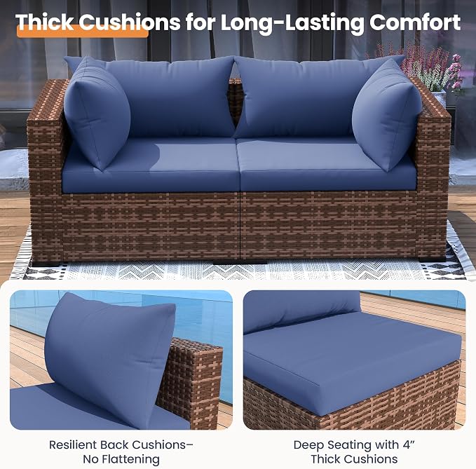 UDPATIO Patio Furniture Set with Fire Pit Table, 5 Piece Outdoor Sectional Sofas, All-Weather Wicker Conversation for Garden, Backyard, Navy Blue
