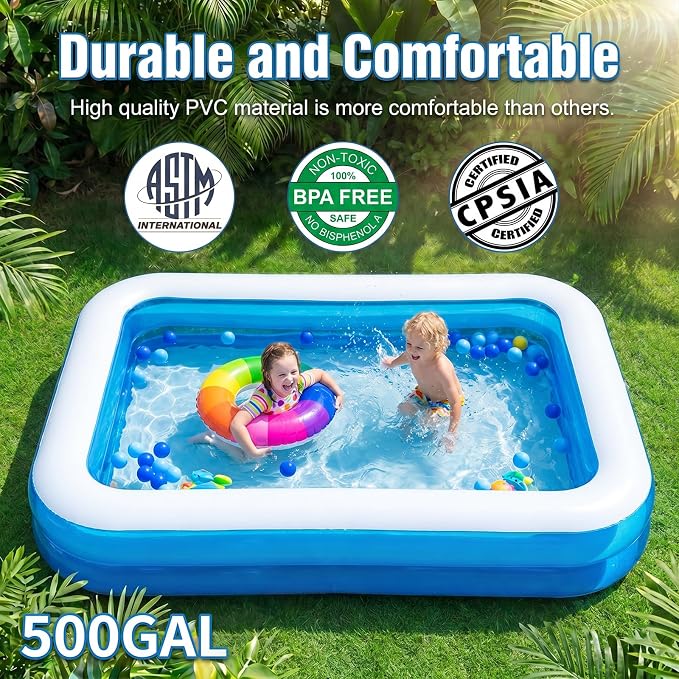 Full-Sized Inflatable Swimming Pool, Extra Large Blow Up Pool, Heavy Duty Above Ground Pool with Drain Valve, Leakproof Family Swim Pool for Backyard Patio Garden Outdoor Party(79''x59''x20'')